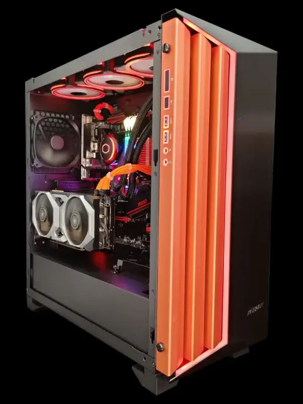 Custom-built Orange and Black Gaming PC with Intel i9 9900K and RTX 2080Ti, 32GB RAM