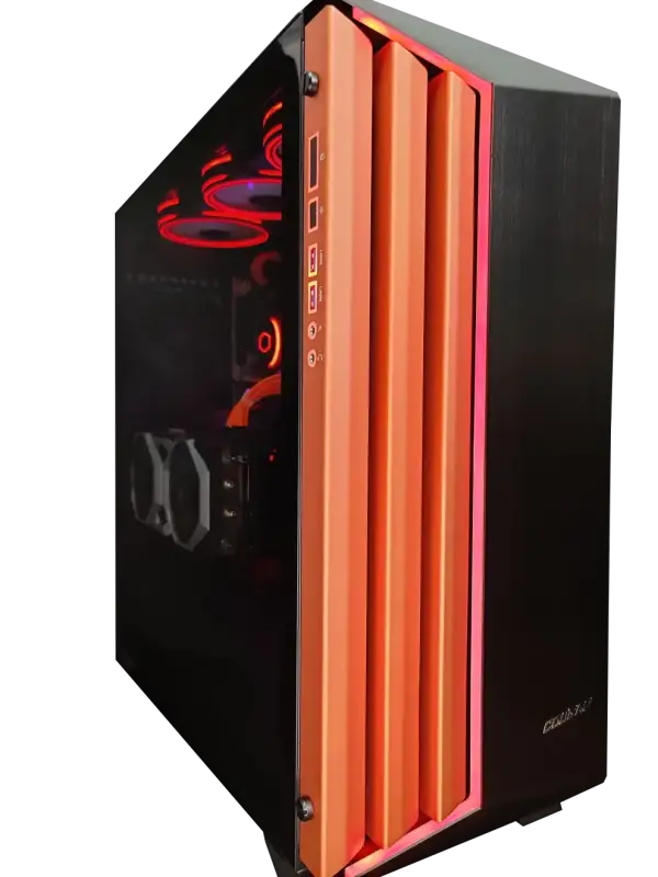 Orange and black Gaming PC featuring Intel i9 9900K and RTX 2080Ti with 32GB RAM