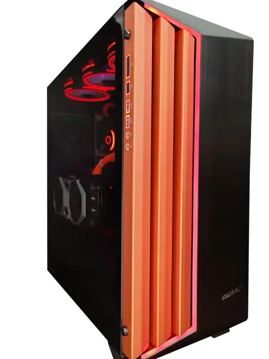 Orange and black Gaming PC featuring Intel i9 9900K and RTX 2080Ti with 32GB RAM