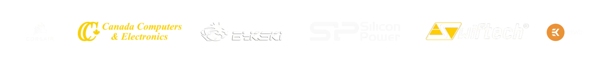 Corsair, Canada Computers & Electronics, Bykski, Silicon Power, Swiftech, and EKWB logos—partnerships supporting Alpha PC’s custom PC in Toronto
