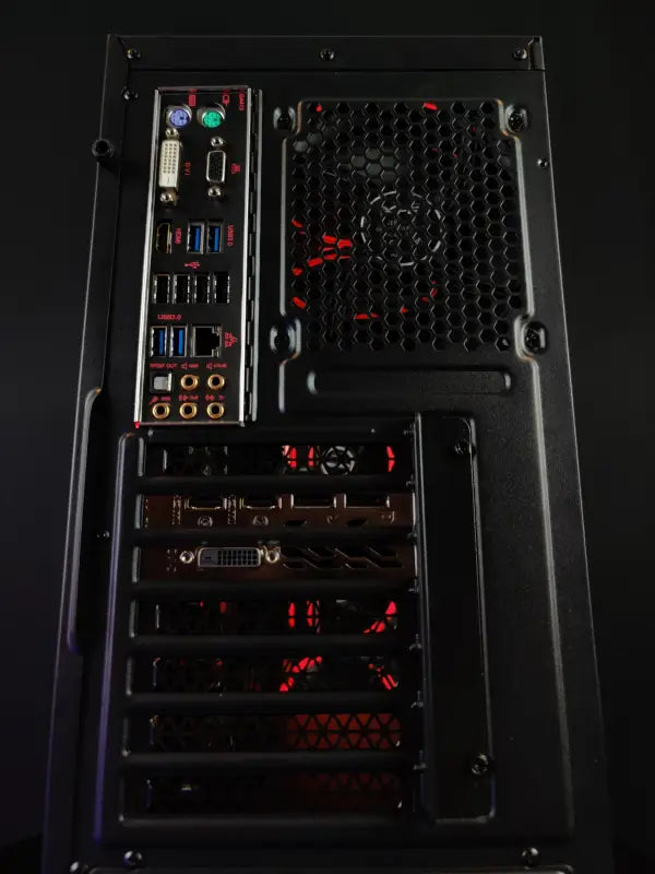 Back panel of Phoenix Gaming PC Red Lit Computer Tower showcasing 16GB RAM slots