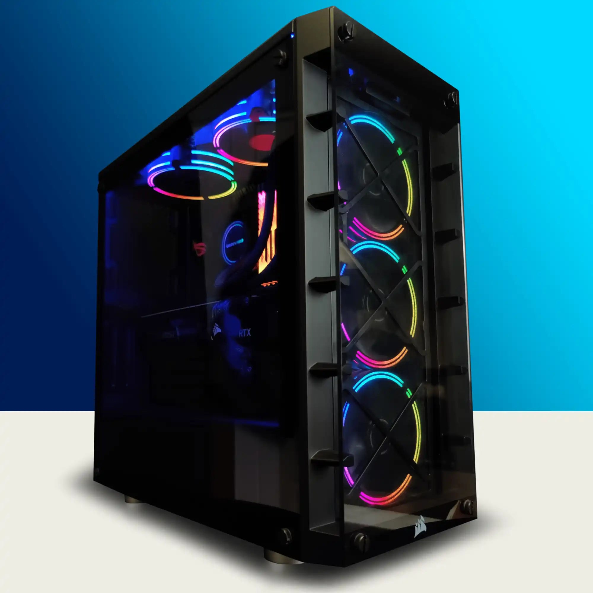 Prism Phantom custom gaming PC: a high‑performance, black tempered‑glass Corsair chassis with six RGB intake fans and clean cable management, handcrafted by Alpha PC—the #1 Custom PC Builder in Toronto—for ultra‑high‑performance AAA and eSports gaming.