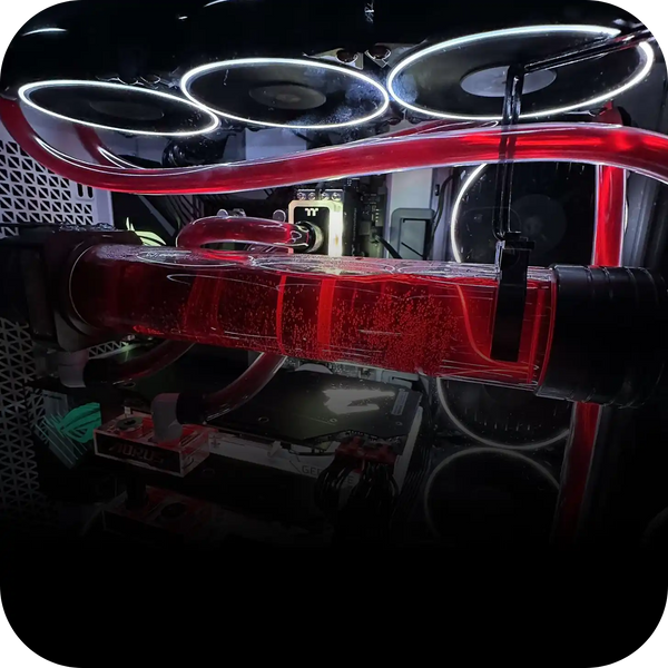Smooth flex tubing loops inside a Toronto custom PC by Alpha PC, illustrating affordable, durable tubing that bends easily for both beginners and experts.