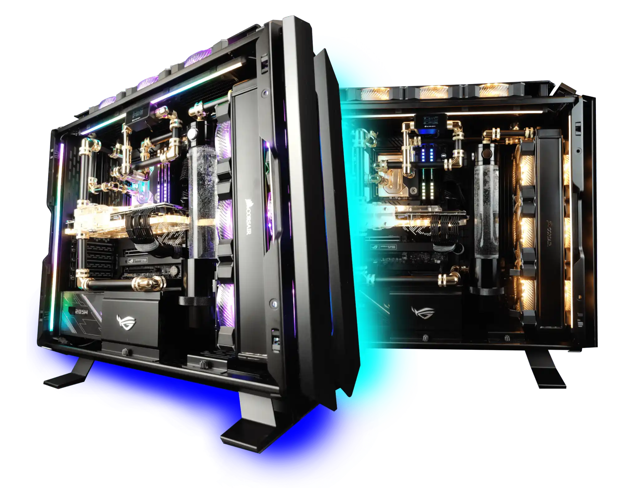 Close‑up of a premium custom loop liquid cooling system in a Toronto custom PC, showcasing polished tubing, LED accents, and artisan precision. Built by Toronto custom PC builder Alpha PC.