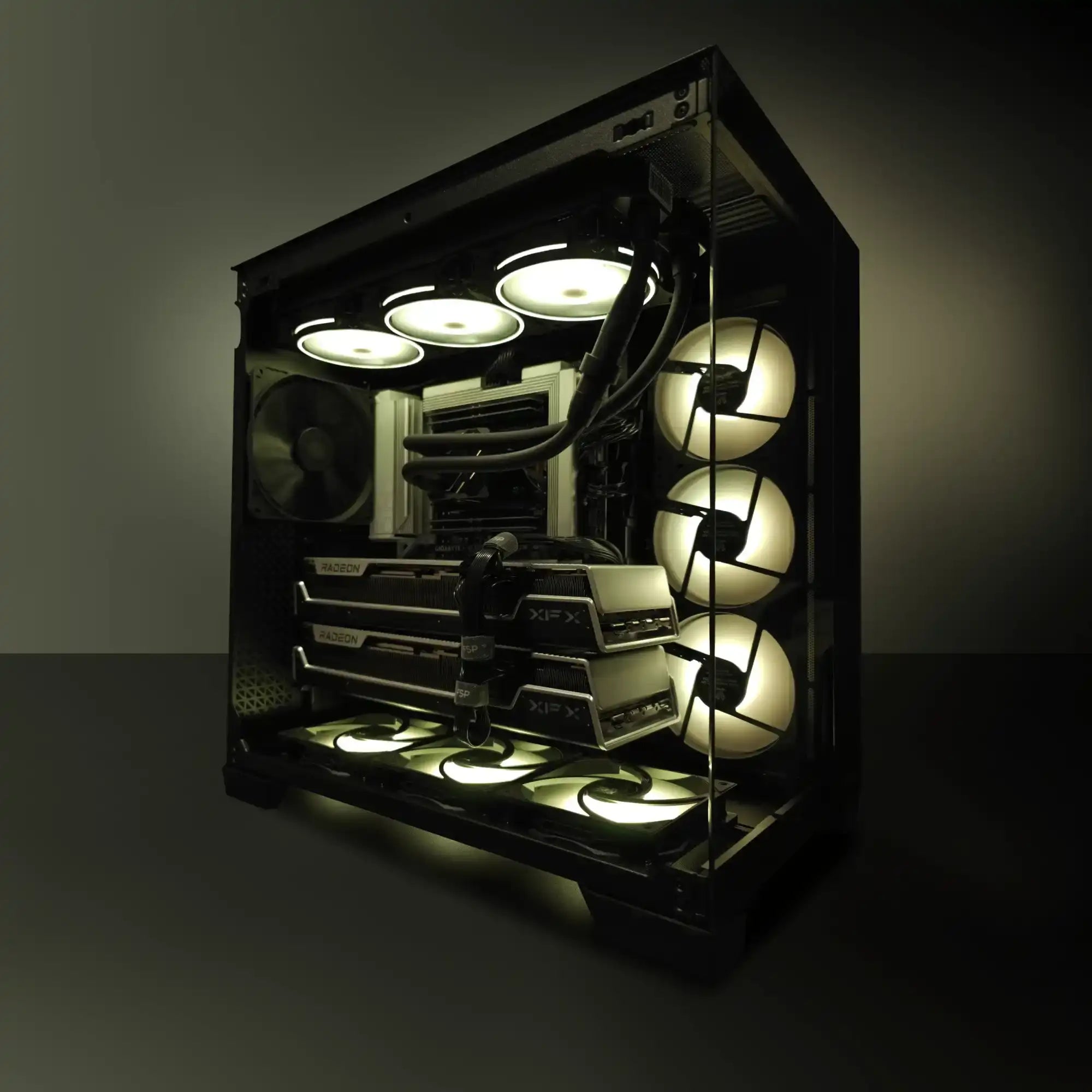 Glacial Vanguard custom PC: a high‑performance, liquid‑cooled custom PC with multiple high‑end GPUs, liquid‑cooling loops and LED fans, handcrafted by Alpha PC—the #1 Custom PC Builder in Toronto—for Rutgers University physics simulations and AI workloads like Kolmogorov–Arnold network training.