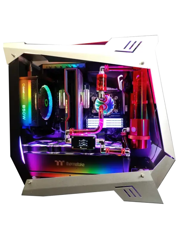 Custom-built Silver Wolf AMD Gaming PC with liquid cooling and RGB lighting
