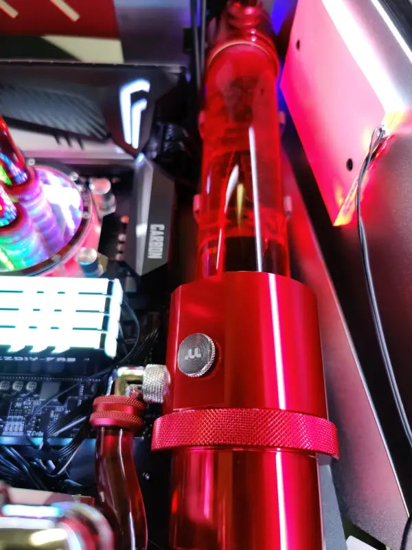 Red water cooling reservoir for Silver Wolf AMD Gaming PC with Liquid Cooling