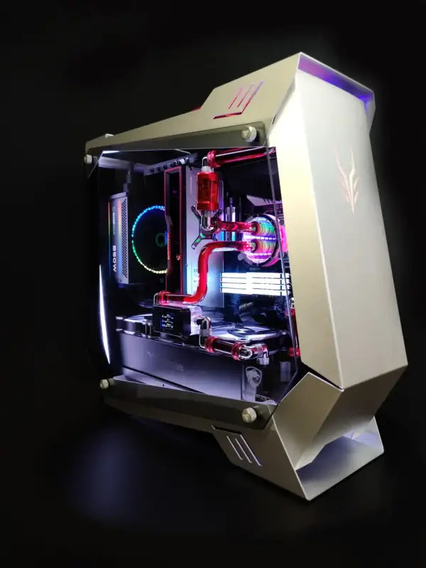 Custom-built Silver Wolf AMD Gaming PC featuring advanced liquid cooling system