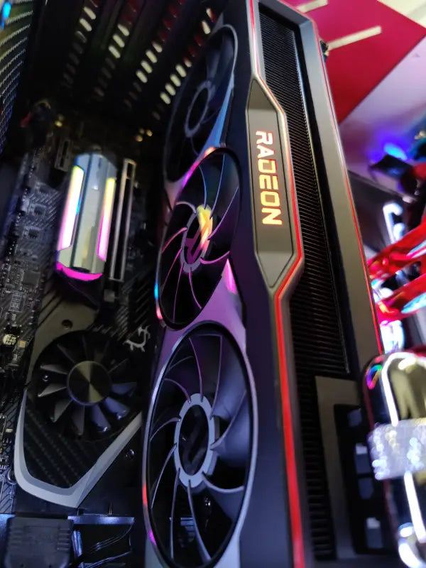 Radeon graphics card with triple fans in a Silver Wolf AMD Gaming PC with Liquid Cooling