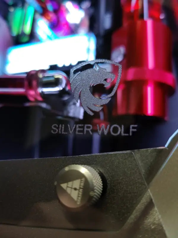 Silver Wolf logo on computer component for Silver Wolf AMD Gaming PC with Liquid Cooling