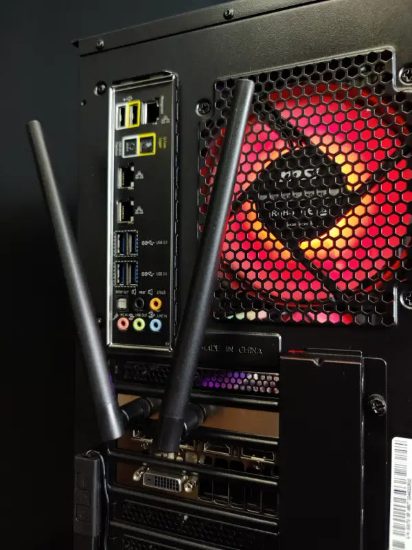 Back panel of Silverback Video Editing Gaming Workstation with red LED fans
