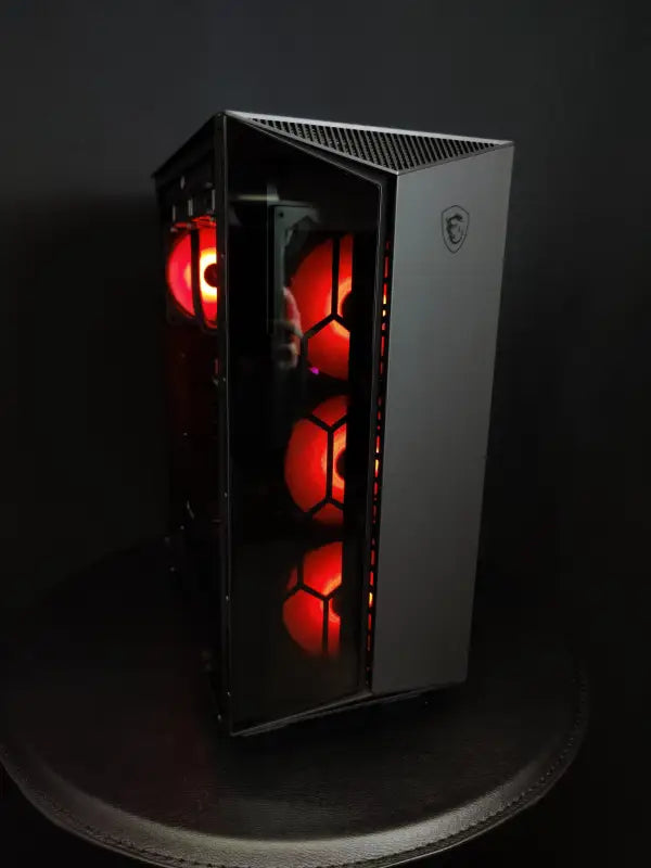 Black Silverback Video Editing workstation tower with striking red LED fans