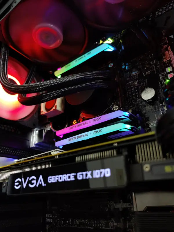 Illuminated computer components of Silverback Video Editing Gaming Workstation with Red LED Fans