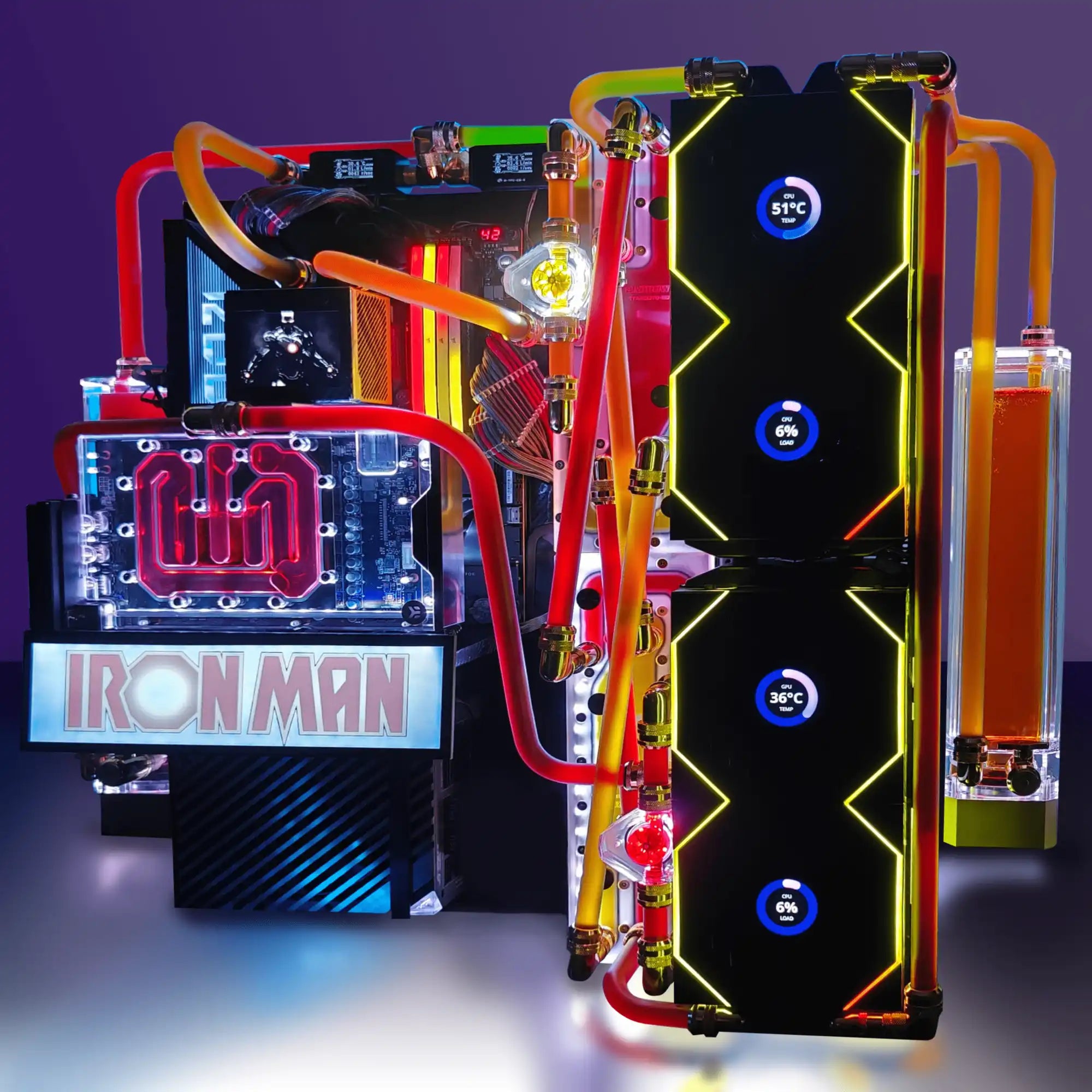 Stark Reactor: a high‑performance, liquid‑cooled Custom PC by Toronto’s Alpha PC—the #1 Custom PC Builder in Toronto—for finance professionals running high‑frequency trading and real‑time analytics. Featuring bold RGB tubing and multi‑zone temperature monitors, engineered for intense workloads