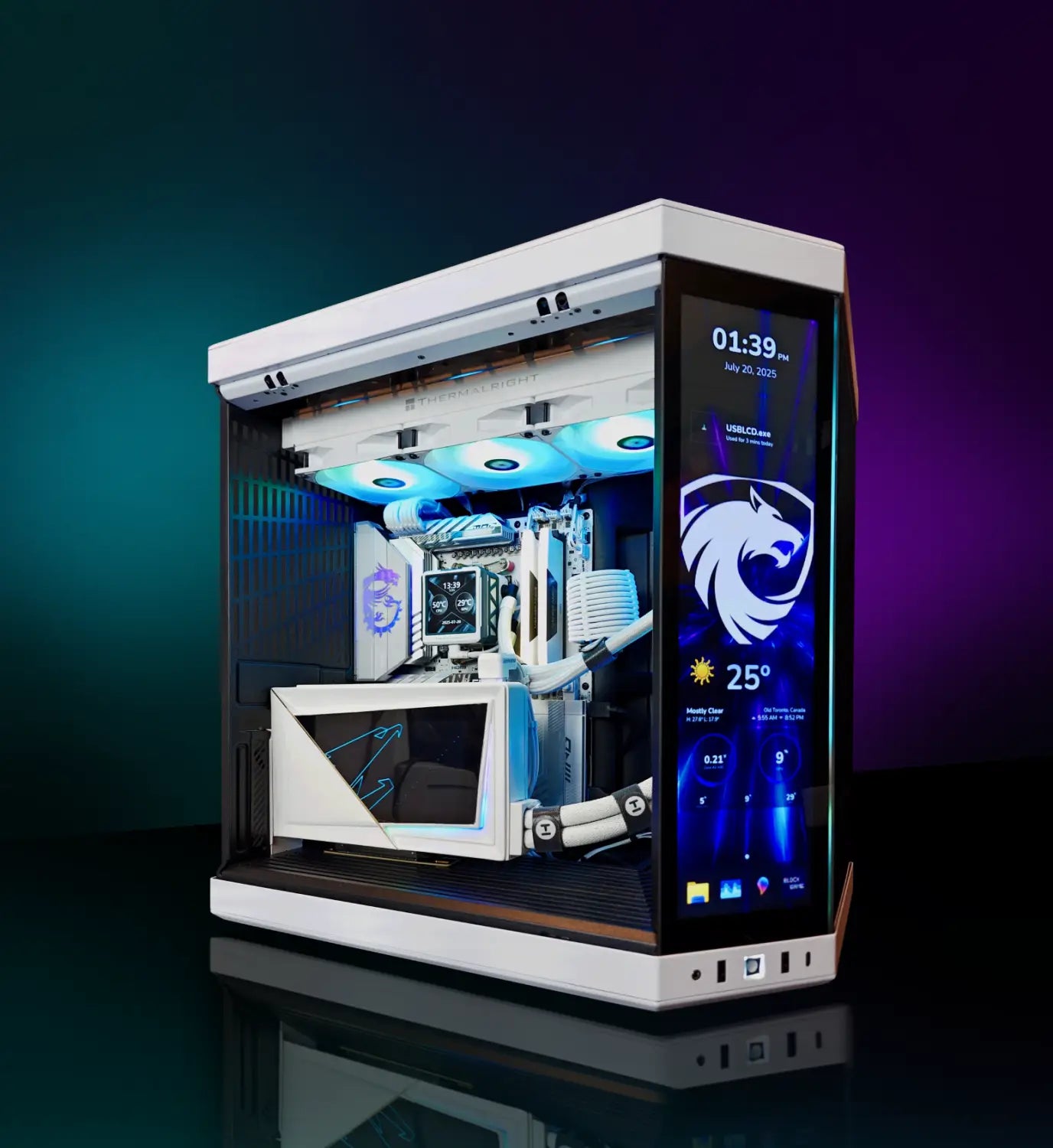 White gaming computer case with display screen in a tech article about Alpha PC custom PCs