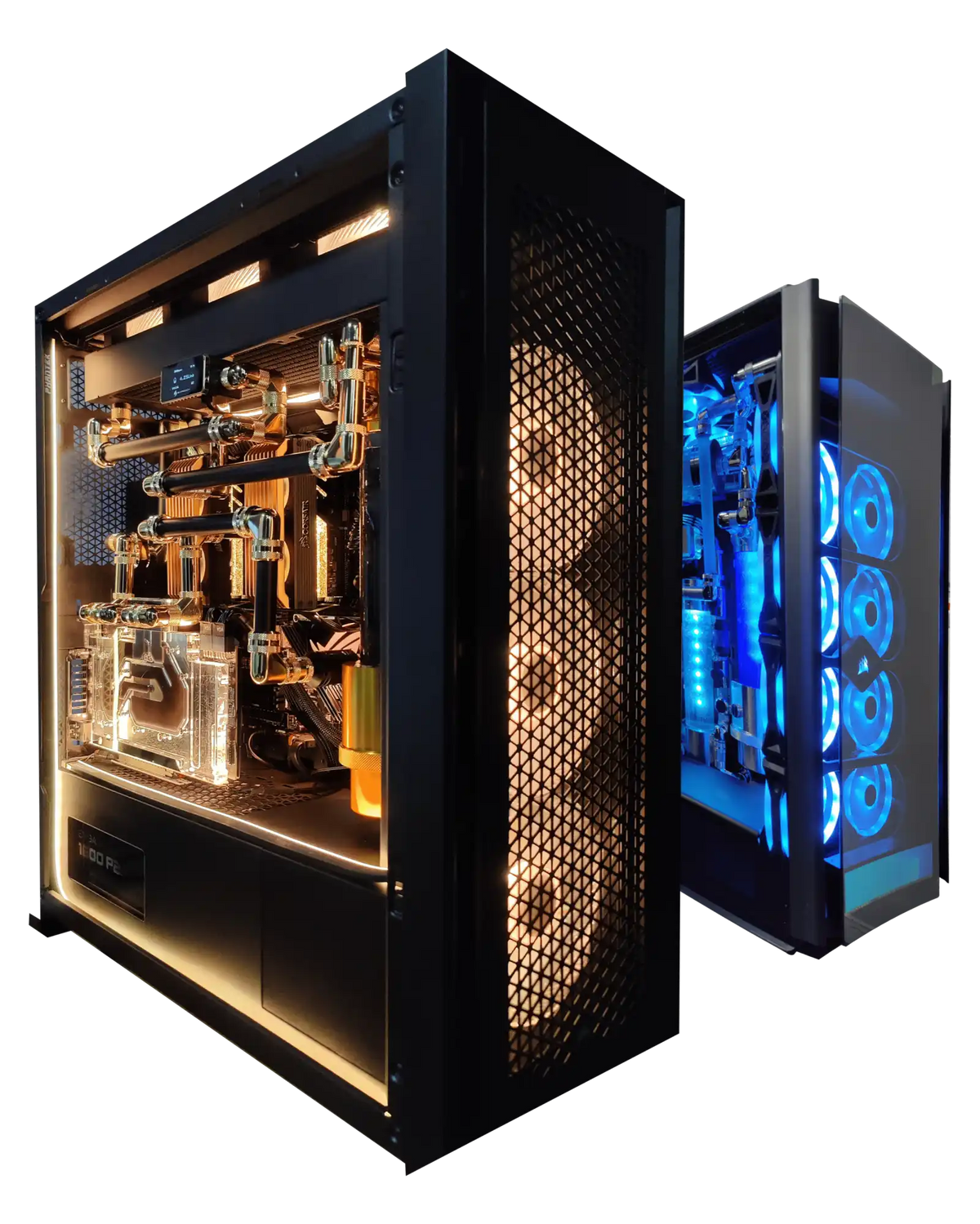 Alpha PC custom PC & workstation builds in Toronto, Canada — two premium tempered-glass computers shown, including a hardline liquid-cooled workstation with warm copper lighting and a second RGB-cooled system glowing blue for ai and deep learning.